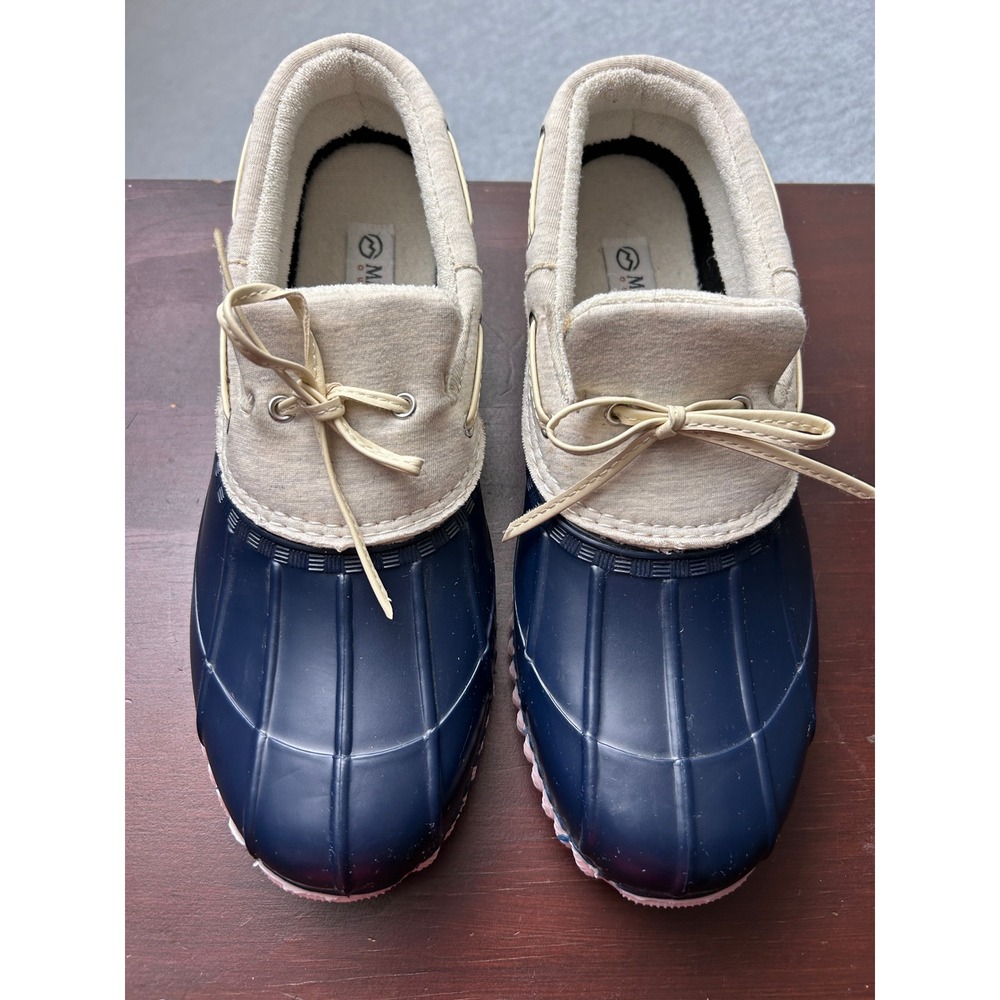 Magellan Outdoors Navy Blue Cream Duck Shoes Women 10M 162665 Low Top Rain Boots